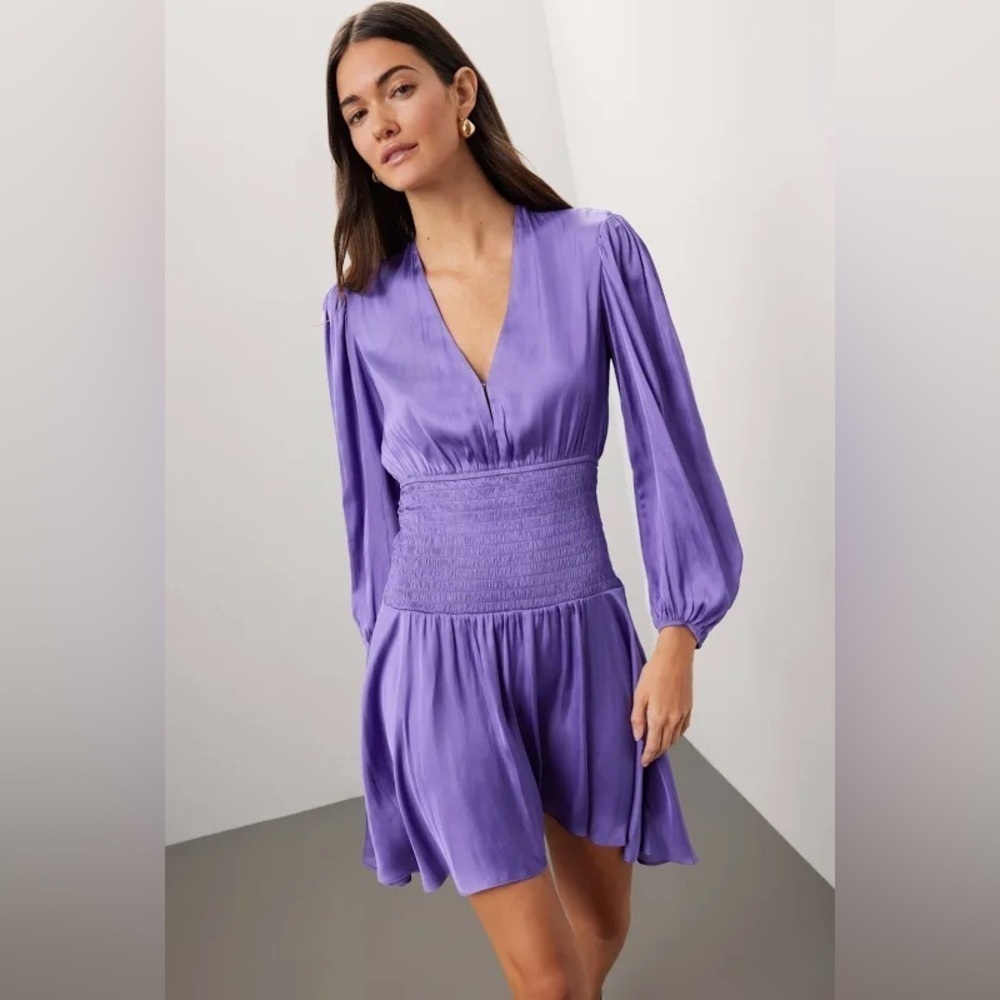 Maje Reloua Purple Satin Smock-Waisted Long Sleeve Dress FR 34 (US XS or 0)